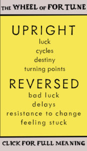 The Wheel of Fortune meaning
Upright: luck, cycles, destiny, turning points
Reversed: bad luck, delays, resistance to change, feeling stuck